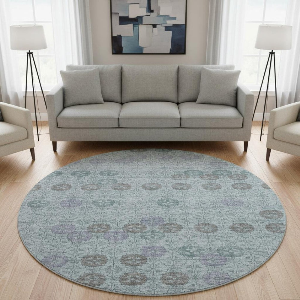 HomeRoots 8' Teal and Gray Geometric Round Rug - Washable, UV Protected, Durable for Living Spaces & More! 705956