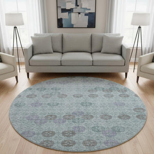 HomeRoots 8' Teal and Gray Geometric Round Rug - Washable, UV Protected, Durable for Living Spaces & More! 705956