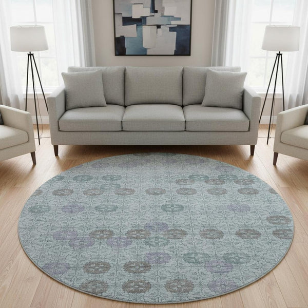 HomeRoots 8' Teal and Gray Geometric Round Rug - Washable, UV Protected, Durable for Living Spaces & More! 705956