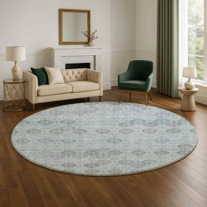 HomeRoots 8' Teal and Gray Geometric Round Rug - Washable, UV Protected, Durable for Living Spaces & More! 705956