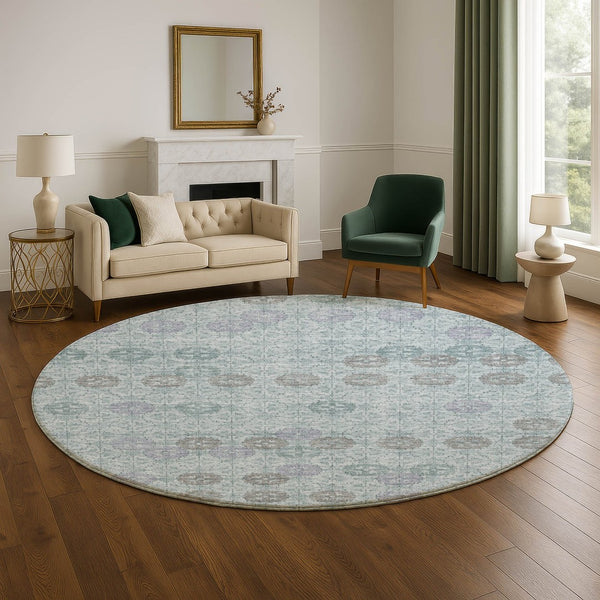 HomeRoots 8' Teal and Gray Geometric Round Rug - Washable, UV Protected, Durable for Living Spaces & More! 705956