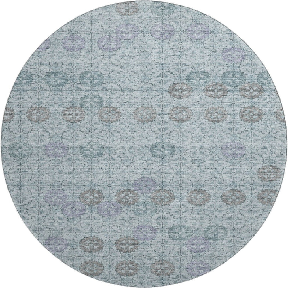 HomeRoots 8' Teal and Gray Geometric Round Rug - Washable, UV Protected, Durable for Living Spaces & More! 705956