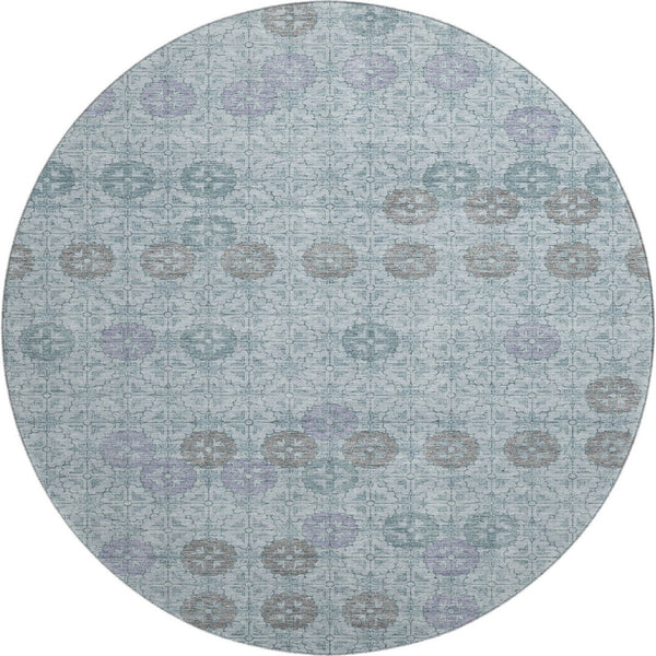 HomeRoots 8' Teal and Gray Geometric Round Rug - Washable, UV Protected, Durable for Living Spaces & More! 705956
