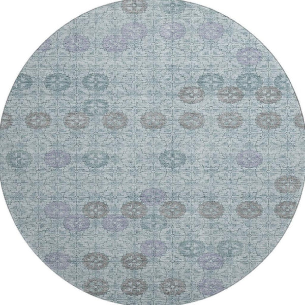 HomeRoots 8' Teal and Gray Geometric Round Rug - Washable, UV Protected, Durable for Living Spaces & More! 705956