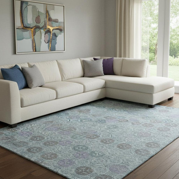 HomeRoots 8' X 10' Teal and Gray Geometric Area Rug – Washable, UV-Protected, Stylish & Durable for High-Traffic Rooms 705957