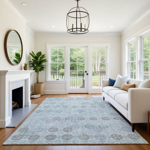 HomeRoots 9' X 12' Teal and Gray Geometric Area Rug - Durable, Washable, UV-Protected for Modern Homes 705958