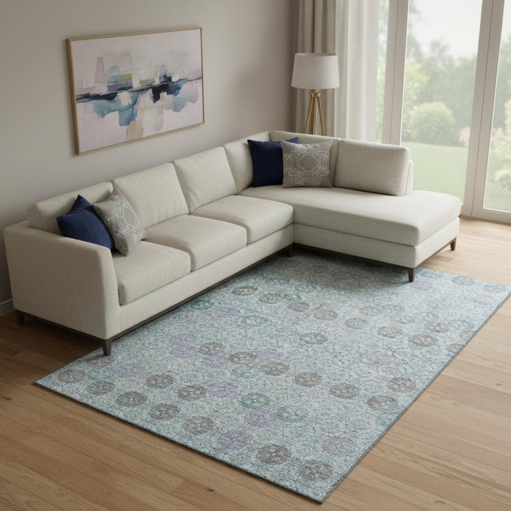 HomeRoots 10' Geometric Teal and Gray Washable Area Rug - UV Protected, Durable, Stylish for High-Traffic Homes 705959