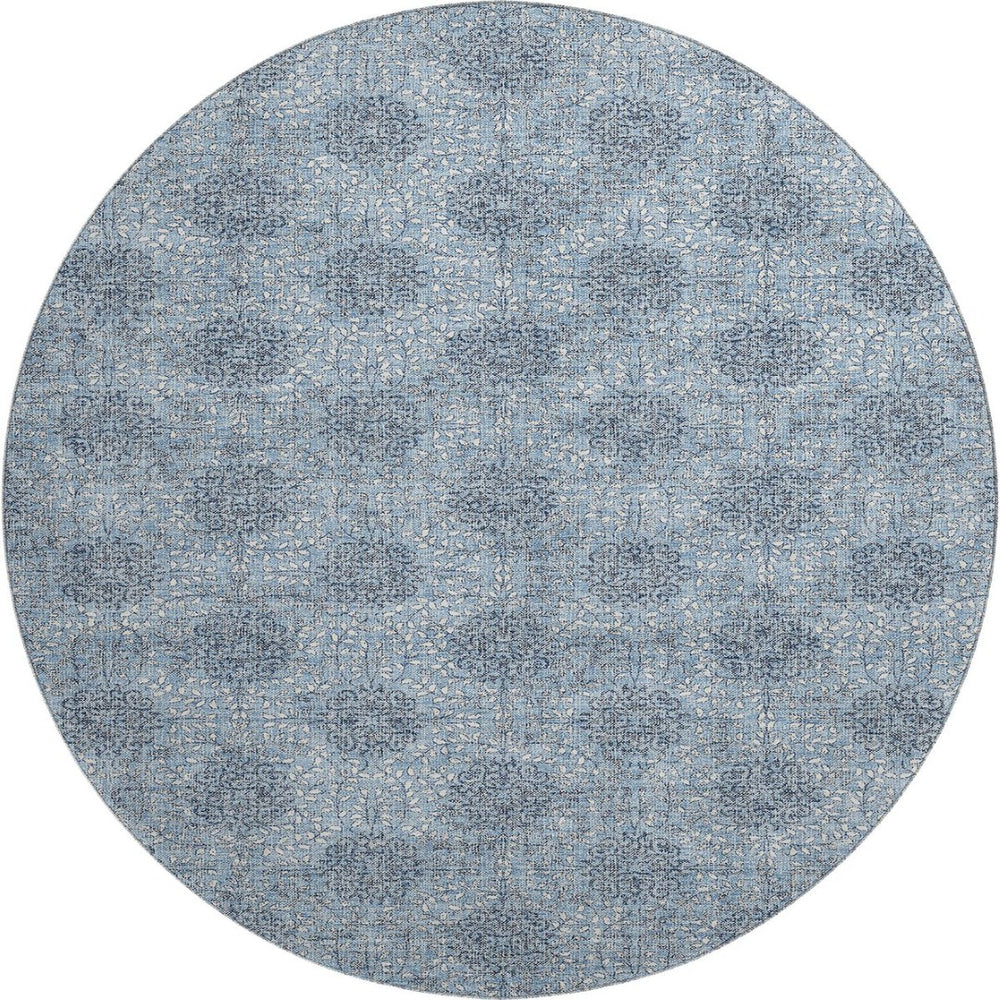HomeRoots 8' Elegant Blue Gray & Ivory Damask Round Rug - Washable, UV Protected, Non-Slip & Durable Design 705962
