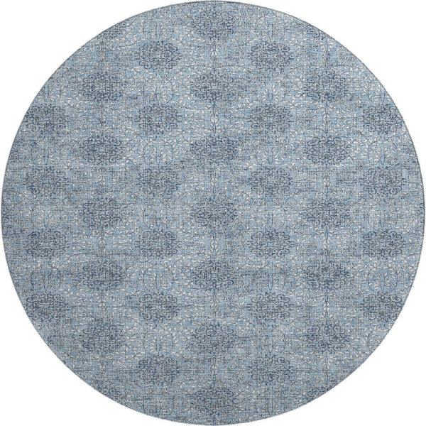 HomeRoots 8' Elegant Blue Gray & Ivory Damask Round Rug - Washable, UV Protected, Non-Slip & Durable Design 705962
