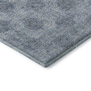 HomeRoots 8' Elegant Blue Gray & Ivory Damask Round Rug - Washable, UV Protected, Non-Slip & Durable Design 705962