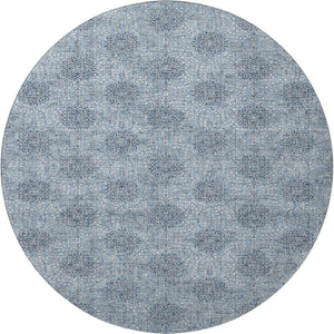 HomeRoots 8' Elegant Blue Gray & Ivory Damask Round Rug - Washable, UV Protected, Non-Slip & Durable Design 705962