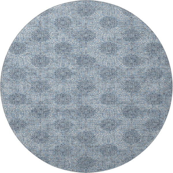 HomeRoots 8' Elegant Blue Gray & Ivory Damask Round Rug - Washable, UV Protected, Non-Slip & Durable Design 705962