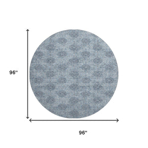 HomeRoots 8' Elegant Blue Gray & Ivory Damask Round Rug - Washable, UV Protected, Non-Slip & Durable Design 705962