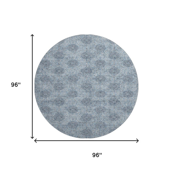 HomeRoots 8' Elegant Blue Gray & Ivory Damask Round Rug - Washable, UV Protected, Non-Slip & Durable Design 705962