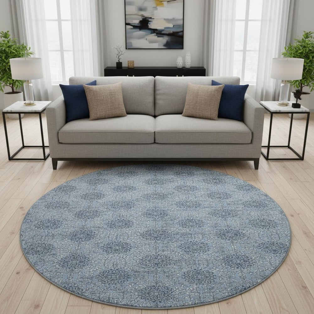 HomeRoots 8' Elegant Blue Gray & Ivory Damask Round Rug - Washable, UV Protected, Non-Slip & Durable Design 705962