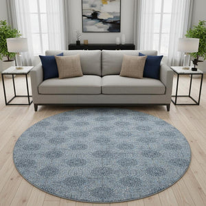 HomeRoots 8' Elegant Blue Gray & Ivory Damask Round Rug - Washable, UV Protected, Non-Slip & Durable Design 705962