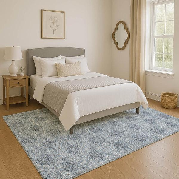 HomeRoots 8' X 10' Stylish Washable Blue Gray & Ivory Damask Area Rug with UV Protection for Homes & Pets 705963