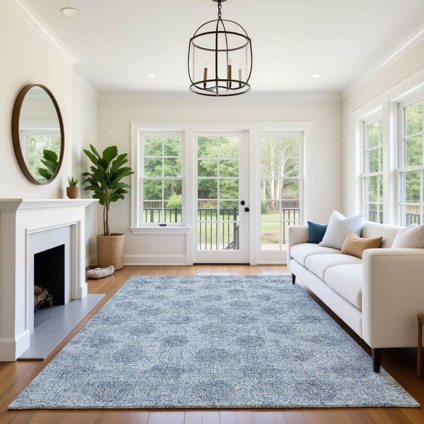 HomeRoots 8' X 10' Stylish Washable Blue Gray & Ivory Damask Area Rug with UV Protection for Homes & Pets 705963
