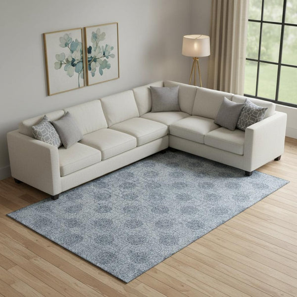HomeRoots 9' X 12' Blue-Gray Ivory Damask Area Rug - Washable, UV-Protected, Perfect for High-Traffic Spaces 705964