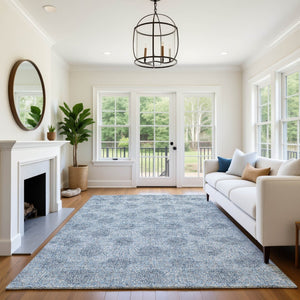 HomeRoots 10' X 14' Stylish Blue Gray & Ivory Damask Washable Area Rug with Stain Resistance & UV Protection 705965
