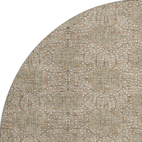 HomeRoots 8' Copper and Beige Damask Washable Round Rug - Stylish, Durable, UV-Protected for Any Space! 705968