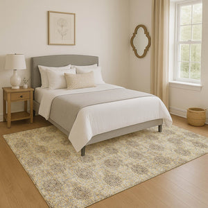 HomeRoots 5' X 8' Elegant Gold and Taupe Damask Area Rug - Washable, Stain Resistant, UV Protection & Non-Slip 705973
