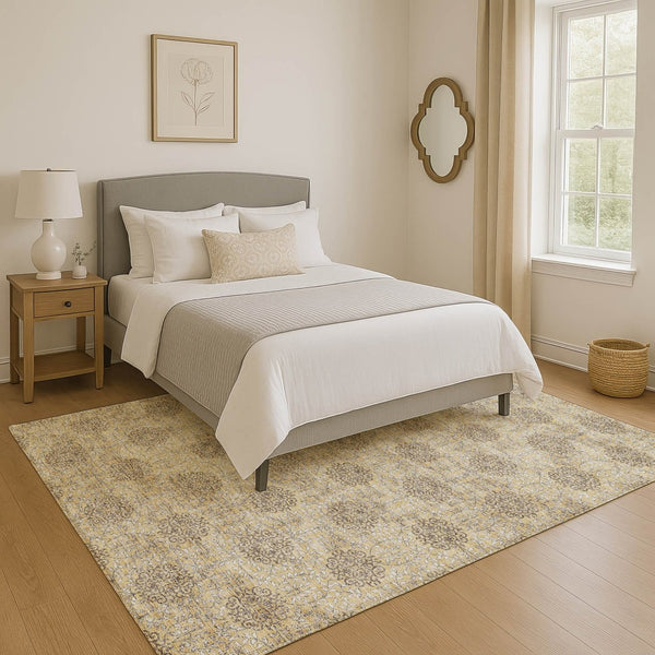HomeRoots 5' X 8' Elegant Gold and Taupe Damask Area Rug - Washable, Stain Resistant, UV Protection & Non-Slip 705973