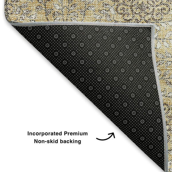 HomeRoots 5' X 8' Elegant Gold and Taupe Damask Area Rug - Washable, Stain Resistant, UV Protection & Non-Slip 705973