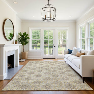 HomeRoots 5' X 8' Elegant Gold and Taupe Damask Area Rug - Washable, Stain Resistant, UV Protection & Non-Slip 705973