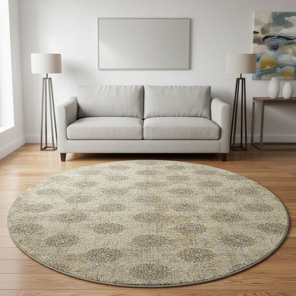 HomeRoots 8' Gold and Taupe Damask Washable Round Rug with UV Protection – Stylish, Durable, and Stain-Resistant! 705974