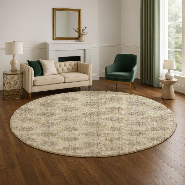 HomeRoots 8' Gold and Taupe Damask Washable Round Rug with UV Protection – Stylish, Durable, and Stain-Resistant! 705974