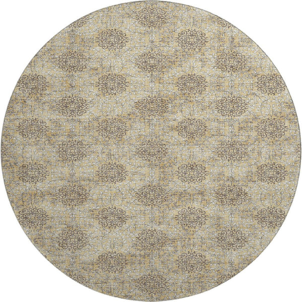 HomeRoots 8' Gold and Taupe Damask Washable Round Rug with UV Protection – Stylish, Durable, and Stain-Resistant! 705974