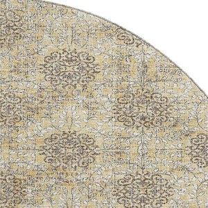 HomeRoots 8' Gold and Taupe Damask Washable Round Rug with UV Protection – Stylish, Durable, and Stain-Resistant! 705974