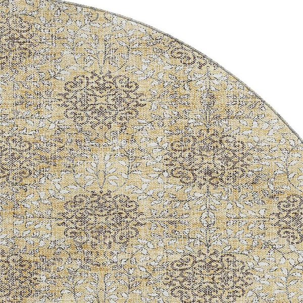 HomeRoots 8' Gold and Taupe Damask Washable Round Rug with UV Protection – Stylish, Durable, and Stain-Resistant! 705974