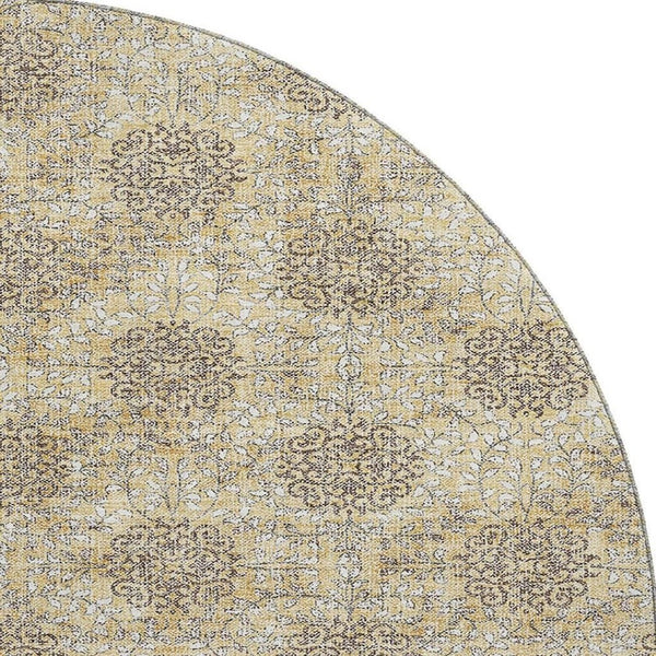 HomeRoots 8' Gold and Taupe Damask Washable Round Rug with UV Protection – Stylish, Durable, and Stain-Resistant! 705974