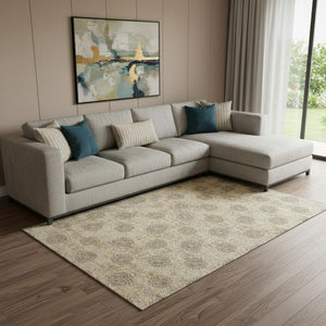 HomeRoots 8' X 10' Gold & Taupe Damask Area Rug – Washable, UV-Protected, Stylish & Durable for Homes with Pets! 705975
