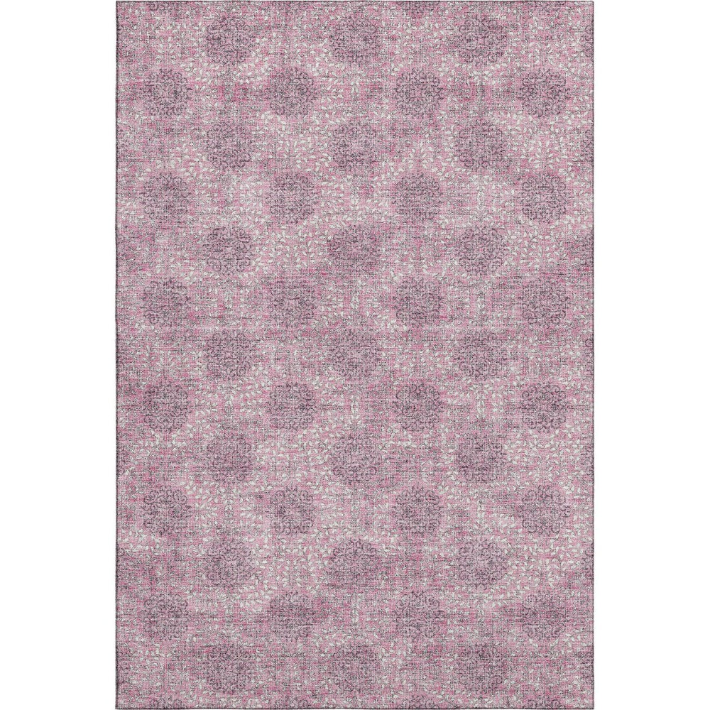 HomeRoots 5' Pink and Gray Damask Area Rug - Washable, UV Protected, Stylish, Soft, and Durable for Any Space 705979