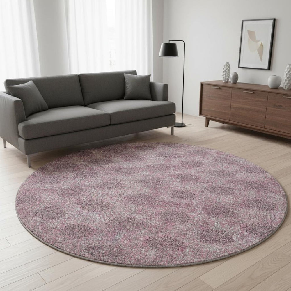 HomeRoots 8' Pink and Gray Damask Round Rug - Washable, UV Protected, Durable Design for Family Spaces 705980