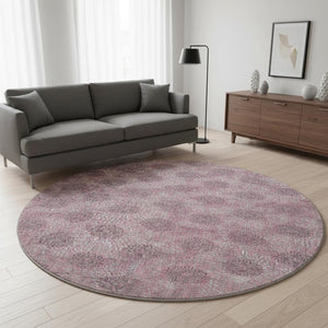 HomeRoots 8' Pink and Gray Damask Round Rug - Washable, UV Protected, Durable Design for Family Spaces 705980