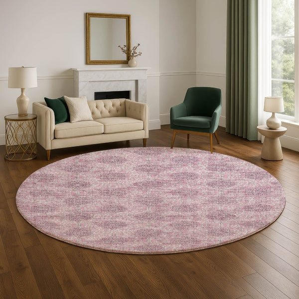 HomeRoots 8' Pink and Gray Damask Round Rug - Washable, UV Protected, Durable Design for Family Spaces 705980