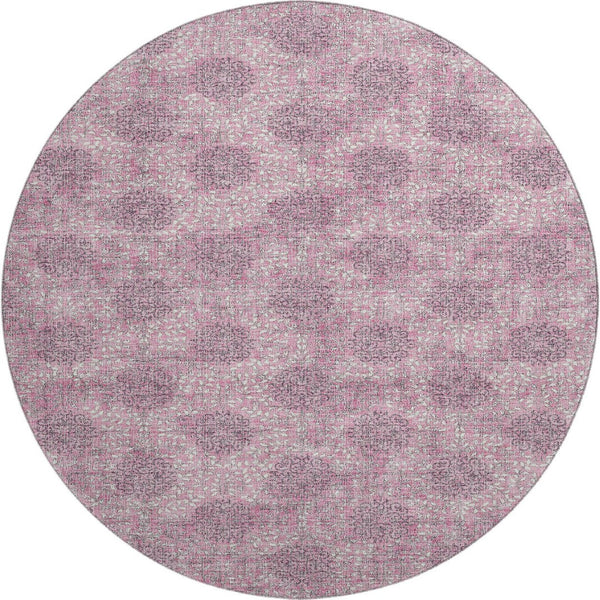 HomeRoots 8' Pink and Gray Damask Round Rug - Washable, UV Protected, Durable Design for Family Spaces 705980
