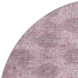 HomeRoots 8' Pink and Gray Damask Round Rug - Washable, UV Protected, Durable Design for Family Spaces 705980