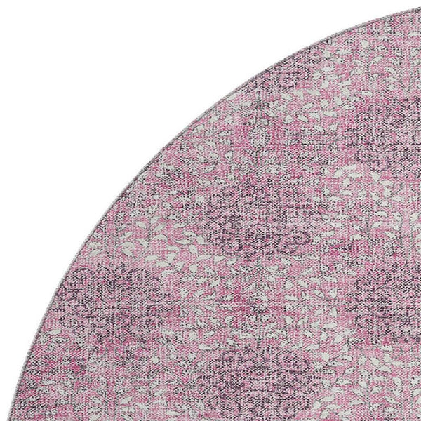 HomeRoots 8' Pink and Gray Damask Round Rug - Washable, UV Protected, Durable Design for Family Spaces 705980
