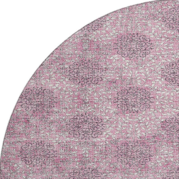HomeRoots 8' Pink and Gray Damask Round Rug - Washable, UV Protected, Durable Design for Family Spaces 705980