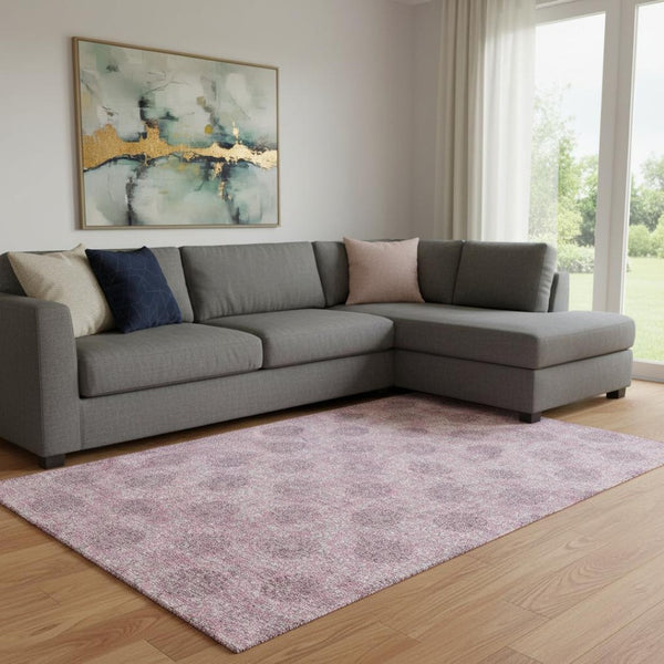 HomeRoots 8' X 10' Washable Pink & Gray Damask Area Rug – UV Protected, Stain Resistant, Non-Slip Backing 705981