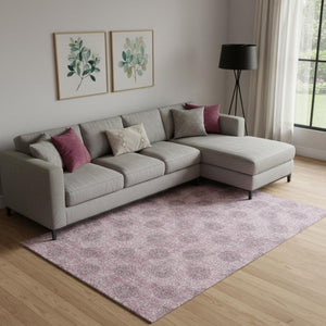 HomeRoots 9' X 12' Elegant Pink and Gray Damask Area Rug – Washable, UV Protected, Stain Resistant Comfort 705982
