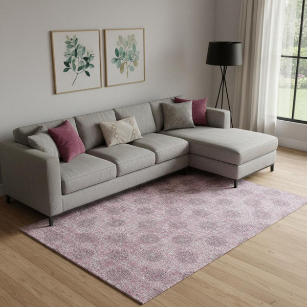 HomeRoots 9' X 12' Elegant Pink and Gray Damask Area Rug – Washable, UV Protected, Stain Resistant Comfort 705982