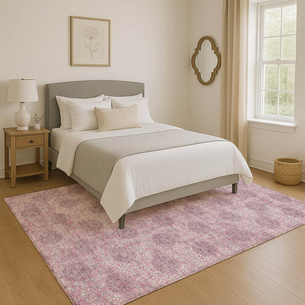 HomeRoots 9' X 12' Elegant Pink and Gray Damask Area Rug – Washable, UV Protected, Stain Resistant Comfort 705982