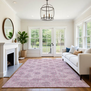 HomeRoots 9' X 12' Elegant Pink and Gray Damask Area Rug – Washable, UV Protected, Stain Resistant Comfort 705982