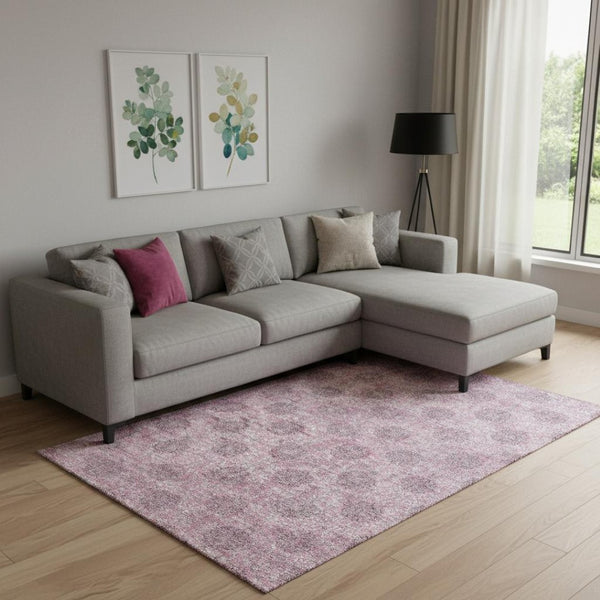 HomeRoots 10' X 14' Pink And Gray Damask Area Rug - Washable, UV Protected, Stylish, and Perfect for Homes! 705983